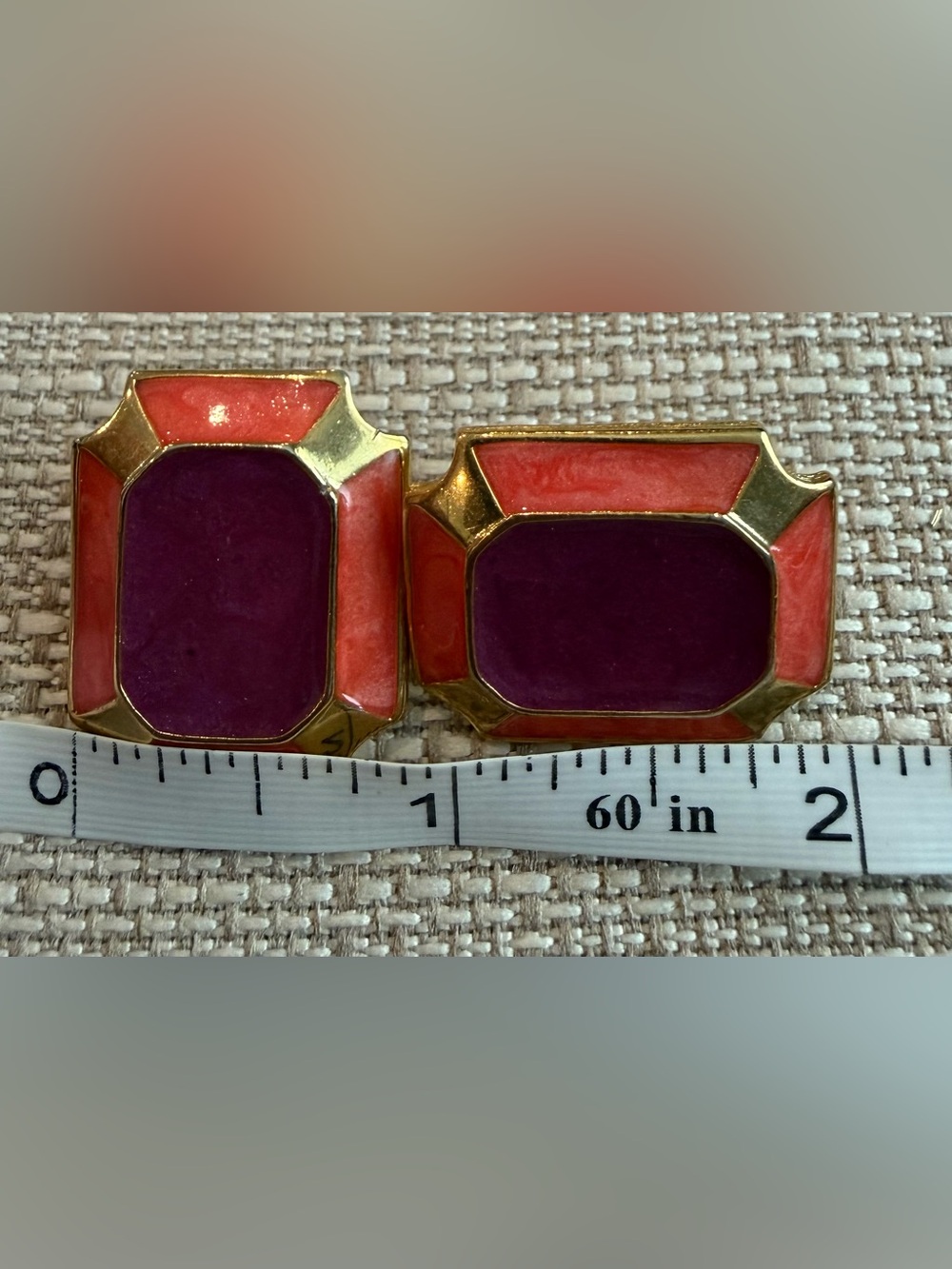 Gold-Tone Purple and Coral Enamel Rectangle Stud Earrings - Picture 9 of 9